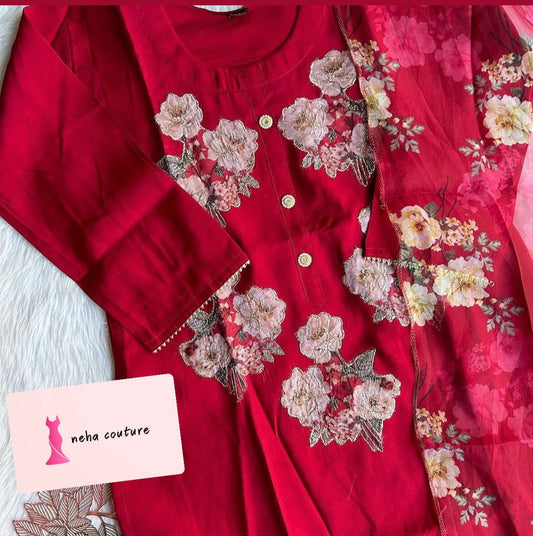 kurti dupatta bottom Dola silk printed set embroidery and fabric detail - Neha Couture Indian Fashion