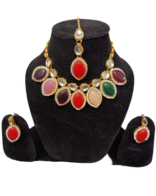  Choker Necklace Kundan & Stone Studded With Earrings Set multi