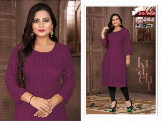 Damen Lila bestickt mit Sequence Chikankari Straight Kurta