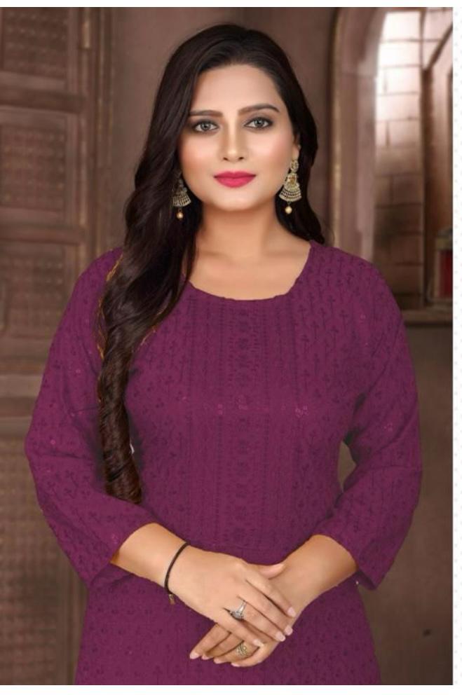 Women Purple Embroidered  with Sequence Chikankari Straight Kurta
