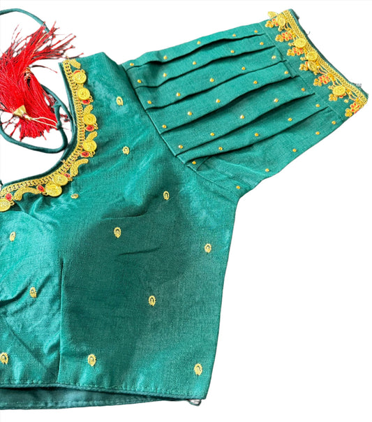 Silk Temple Coin Blouse embroidery and fabric detail - Neha Couture Indian Fashion