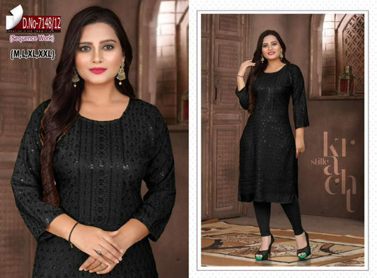 Damen Schwarz bestickt mit Sequence Chikankari Straight Kurta