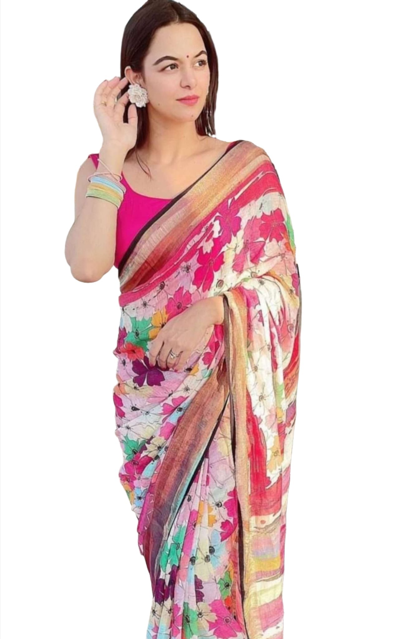 Linen Saree With Gold Jari Patta