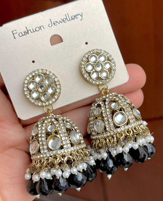 Gold-Plated Dome Shaped Kundan Studded Jhumkas