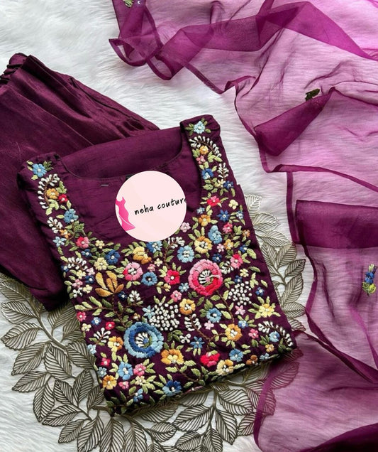 Muslin silk fully worked kurta set embroidery and fabric detail - Neha Couture Indian Fashion