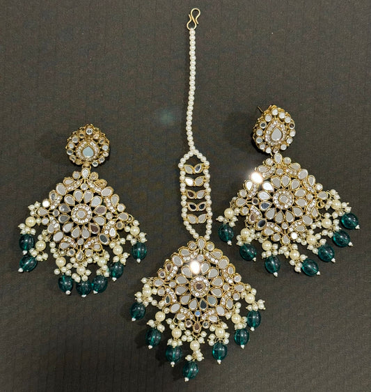 Spiegel-Kundan-Ohrringe mit Maang Tikka