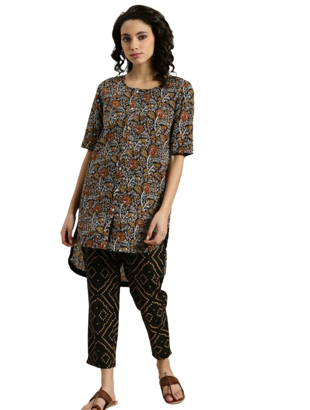 Women Black & Mustard Brown Pure Cotton Floral Print High-Low Kurta with Trousers