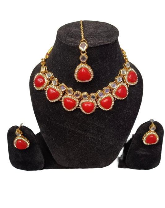  Choker Necklace Kundan & Stone Studded With Earrings Set red