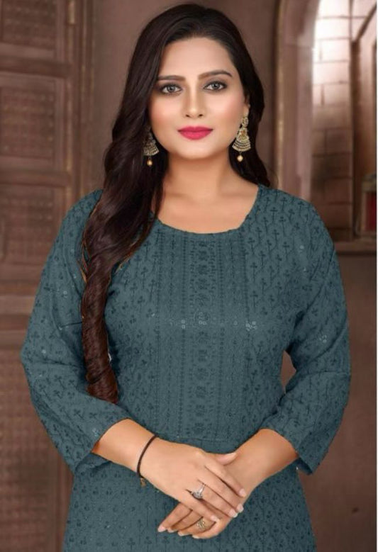 Straight Kurta Embroidered with Sequence Chikankari Dark Grey embroidery and fabric detail - Neha Couture Indian Fashion