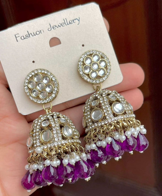 Gold-Plated Dome Shaped Kundan Studded Jhumkas