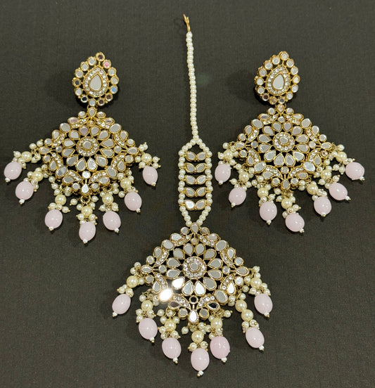 Spiegel-Kundan-Ohrringe mit Maang Tikka