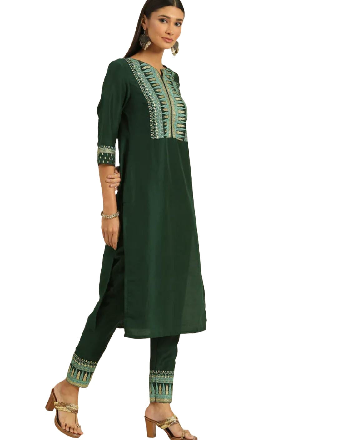 Women Green Ethnic Motifs Printed Regular Kurta with Trousers