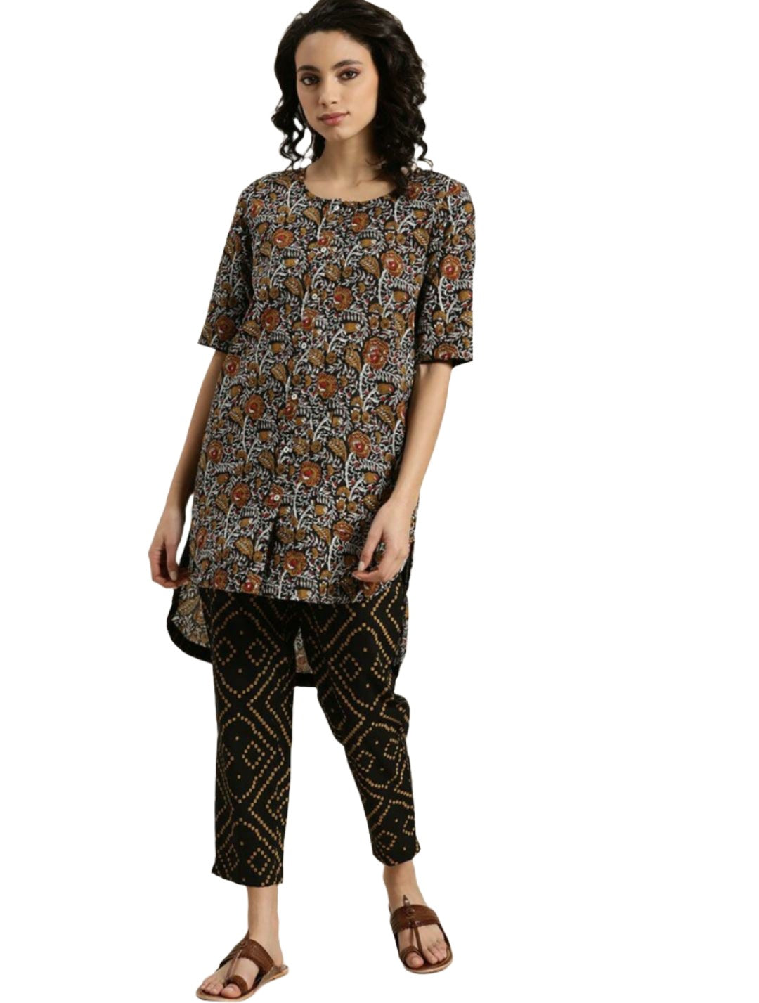 Women Black & Mustard Brown Pure Cotton Floral Print High-Low Kurta with Trousers
