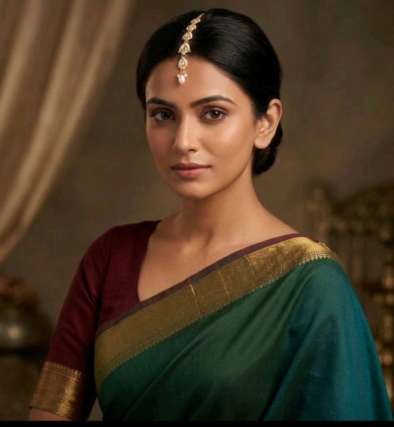 Gold-Plated Kundan Studded & Pearls Beaded Matha Tikka
