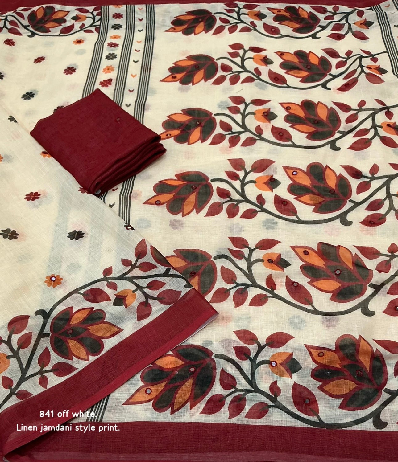 Bengal Jamdani (Phool Buti vertical floral vine motifs,Onam Saree