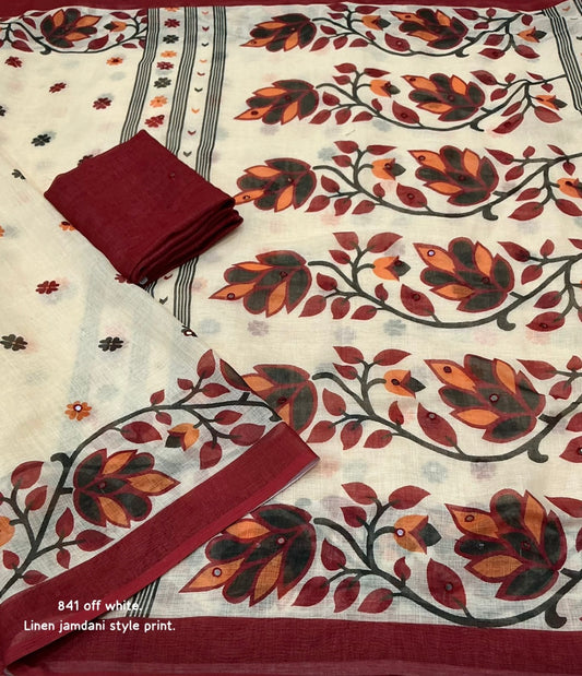 Bengal Jamdani (Phool Buti vertical floral vine motifs,Onam Saree