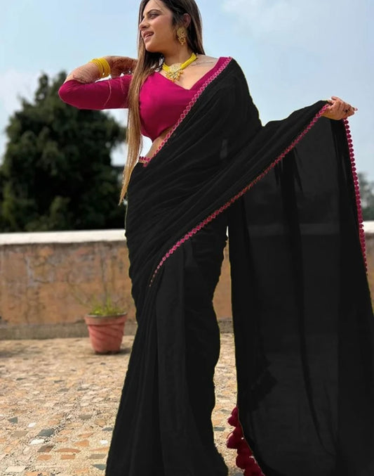 Dream Crushers Womens New Latest Party Fancy Soft Georgette Lace Work Embellished Saree with Unstitched Contrast Blouse
