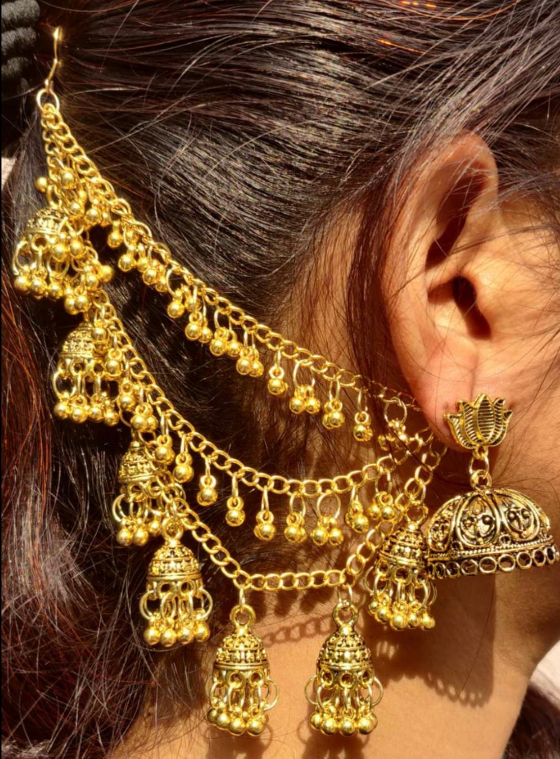 German Silver Bahubali Earchain Stud Jhumki
