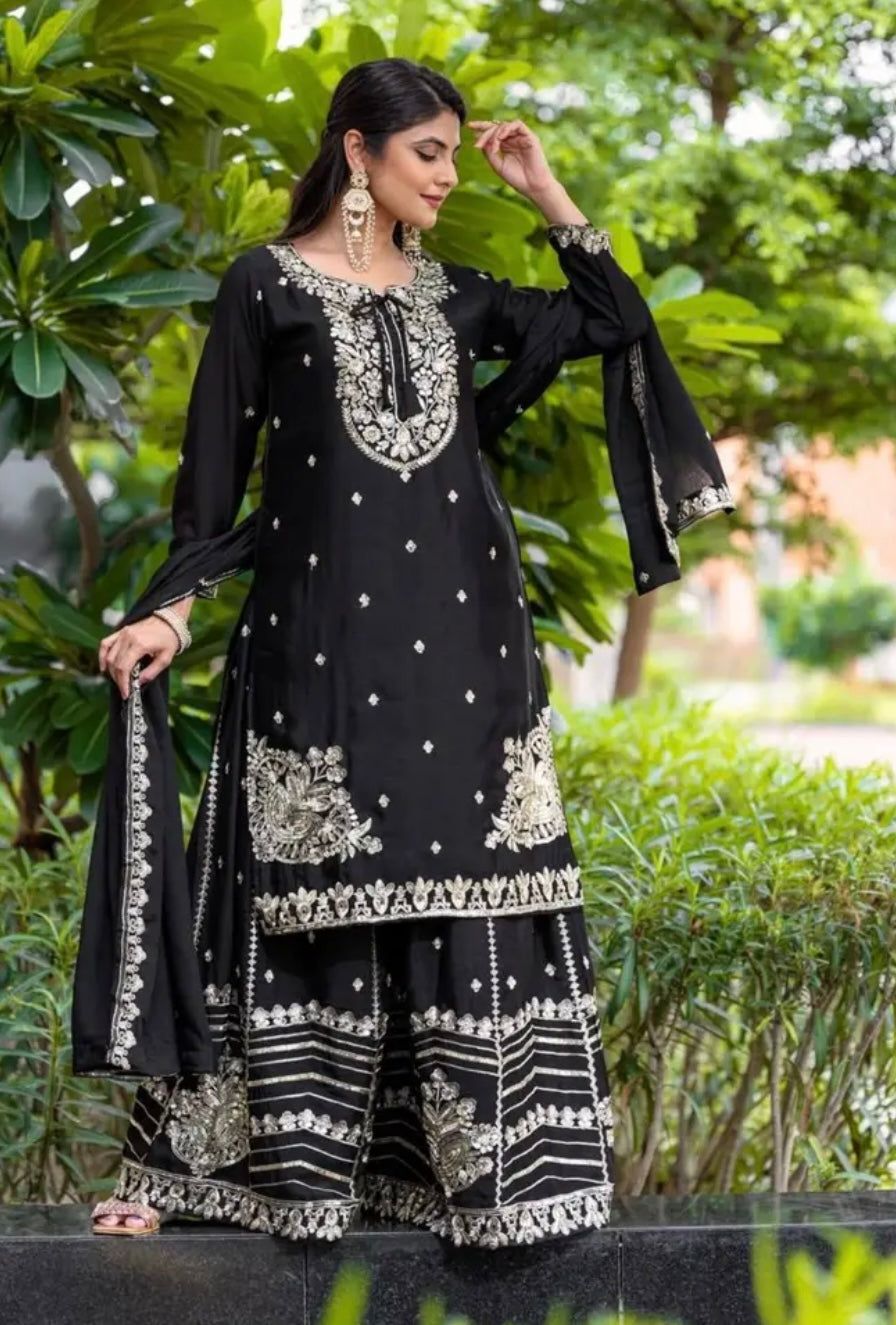 Pure Chinnon With Heavy Embroidery Sequence Work Plazzo Suits