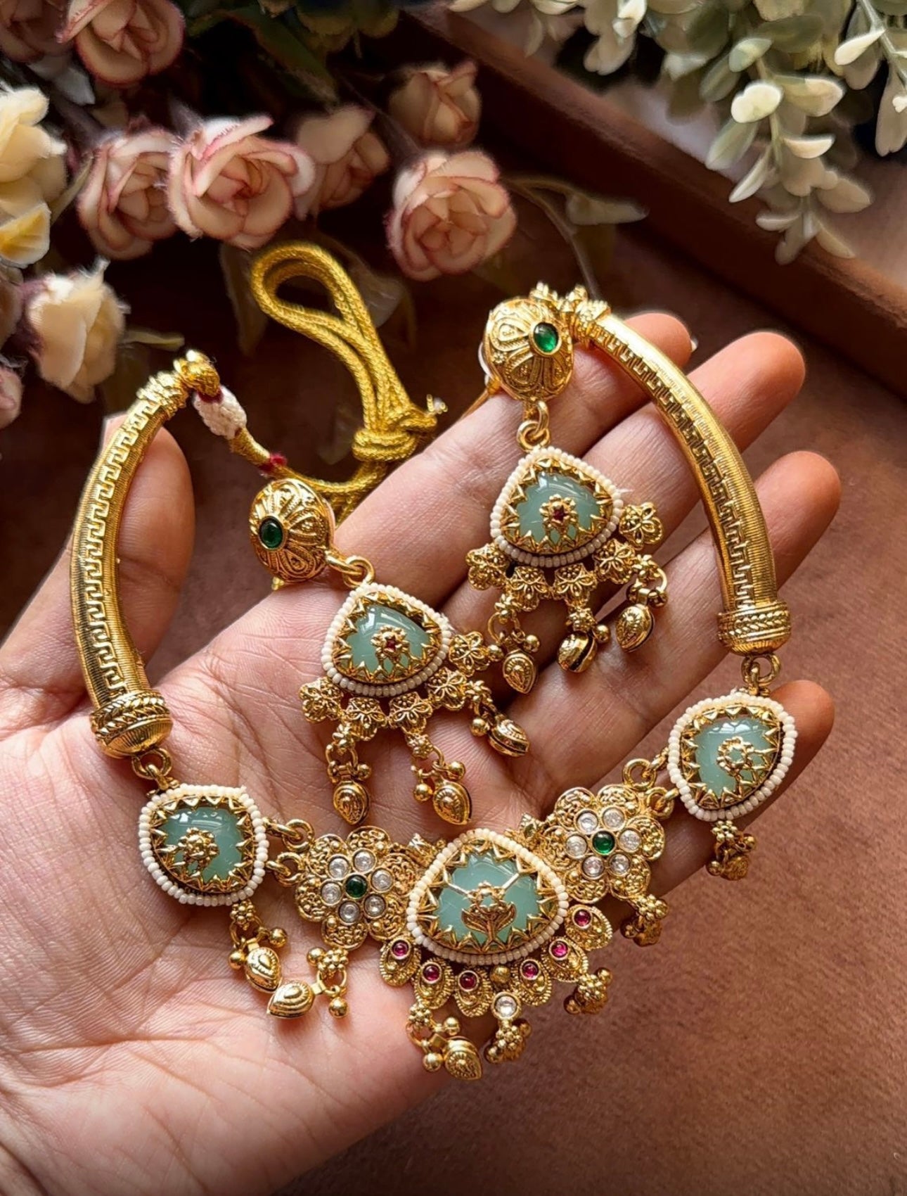 Traditional Antique Gold Plated Choker Jewelry Set for Women in Germany (Onam Special)