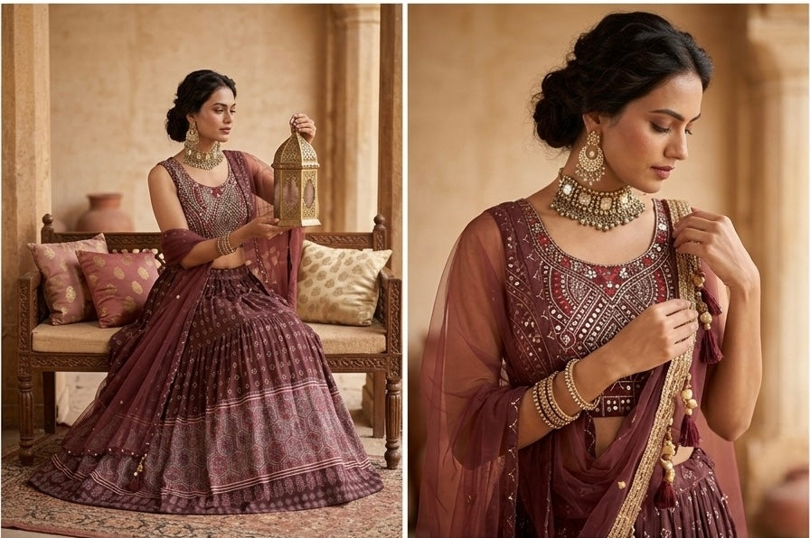 BROWN RESHAM EMBROIDERED CREPE LEHENGA WITH NET DUPATTA