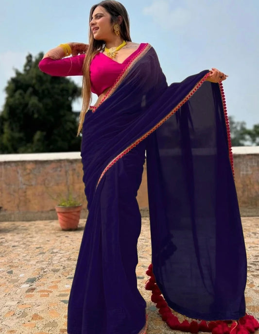 Dream Crushers Womens New Latest Party Fancy Soft Georgette Lace Work Embellished Saree with Unstitched Contrast Blouse