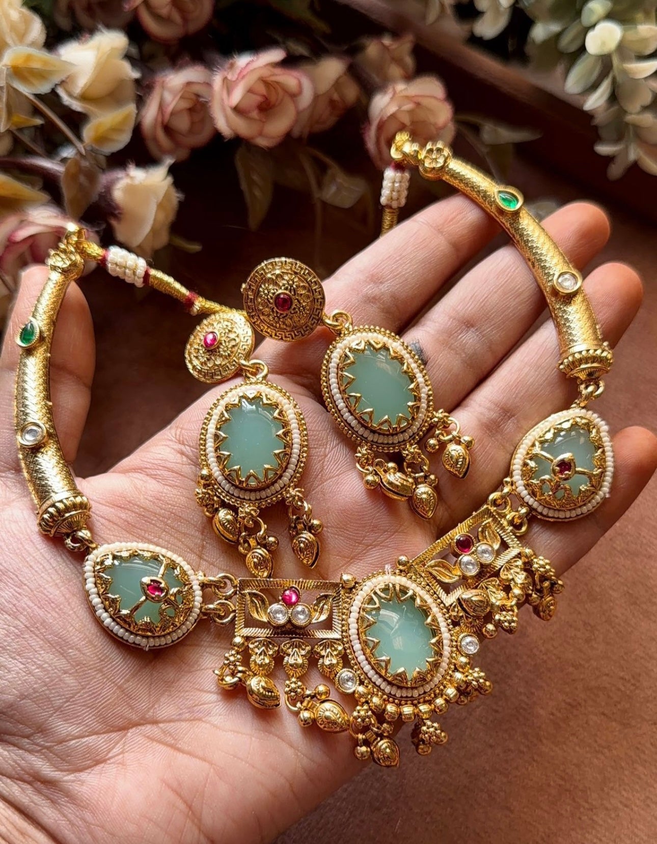 Traditional Antique Gold Plated Choker Jewelry Set for Women in Germany (Onam Special)