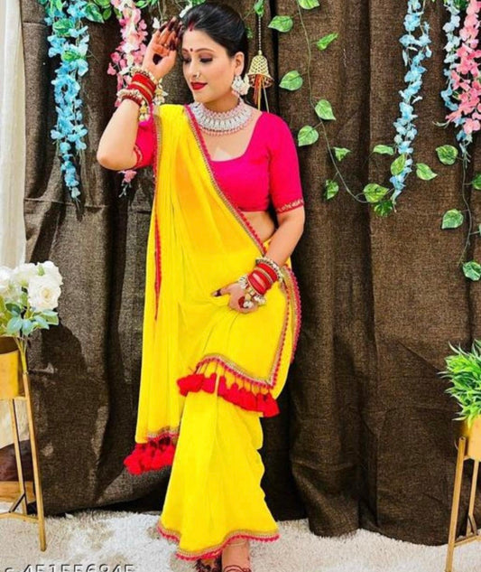 Dream Crushers Womens New Latest Party Fancy Soft Georgette Lace Work Embellished Saree with Unstitched Contrast Blouse