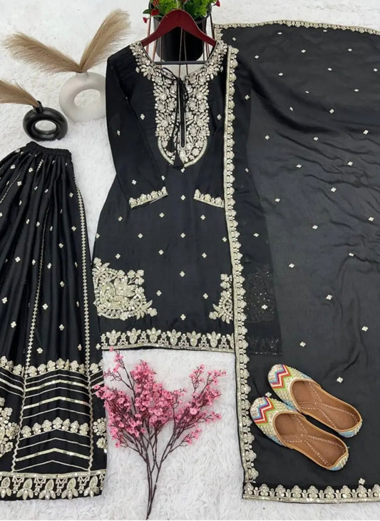 Pure Chinnon With Heavy Embroidery Sequence Work Palazzo Suits embroidery and fabric detail - Neha Couture Indian Fashion