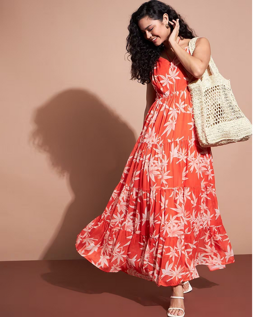 Women Floral Print Tiered Dress embroidery and fabric detail - Neha Couture Indian Fashion