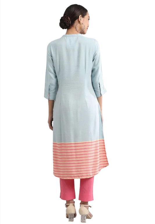 Blue Band Collar Yarn-dyed liva Kurta embroidery and fabric detail - Neha Couture Indian Fashion