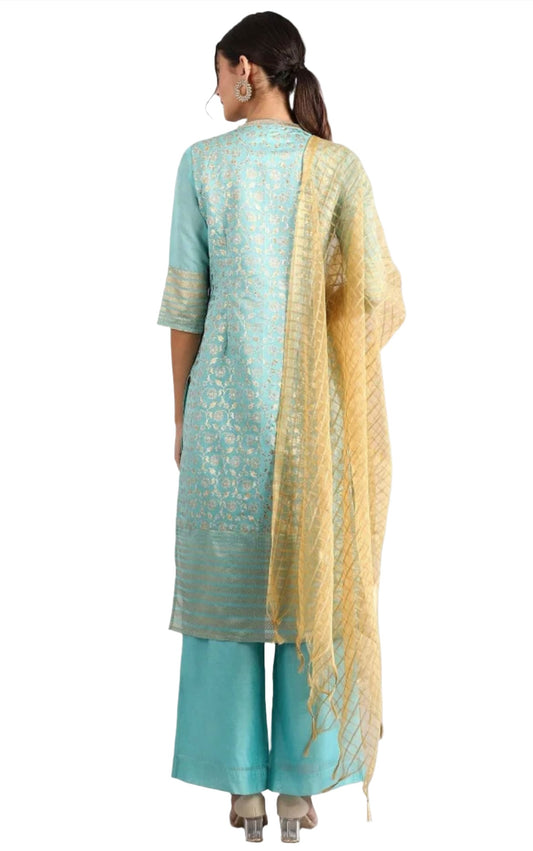 Blue-round-neck-kurta-set embroidery and fabric detail - Neha Couture Indian Fashion