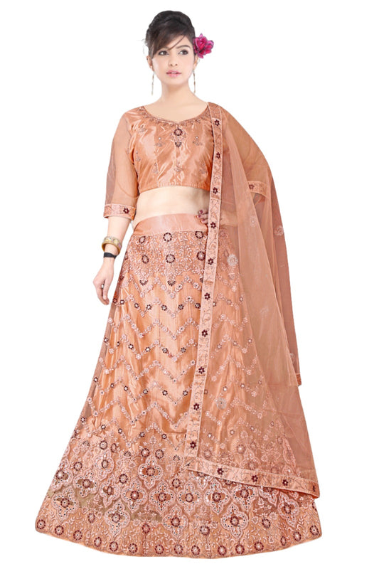 Tittle:-   Complete Stitched Embroidered Lehenga Choli In Germany (Peach)/Bridal Lehenga In Germany