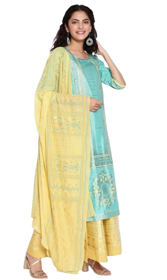 Mint leaf Green kurta yellow semi flared Palazzo dupatta set embroidery and fabric detail - Neha Couture Indian Fashion