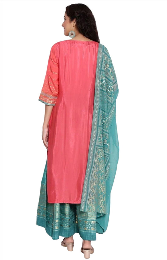 Peach Printed straight Kurta-Palazzo-dupatta set embroidery and fabric detail - Neha Couture Indian Fashion