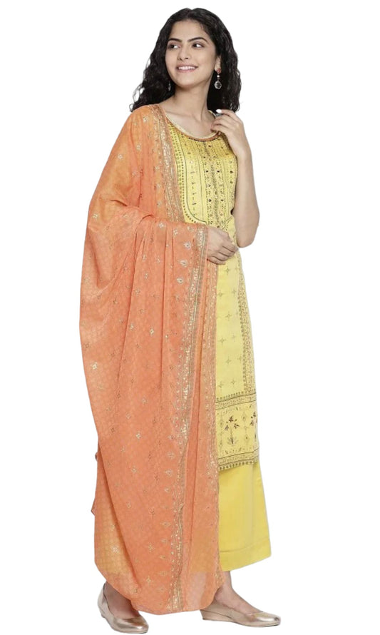 Yellow Printed kurta-Palazzo- Dupatta set embroidery and fabric detail - Neha Couture Indian Fashion