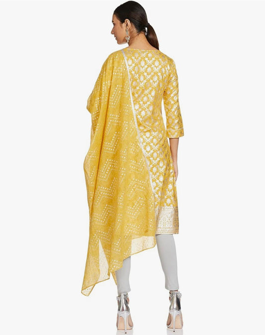 Yellow foil Print kurta in round neck and dupatta set in Poland embroidery and fabric detail - Neha Couture Indian Fashion