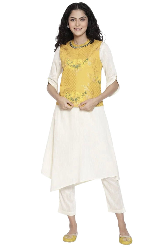 Yellow gillet ivory inner trousers set embroidery and fabric detail - Neha Couture Indian Fashion