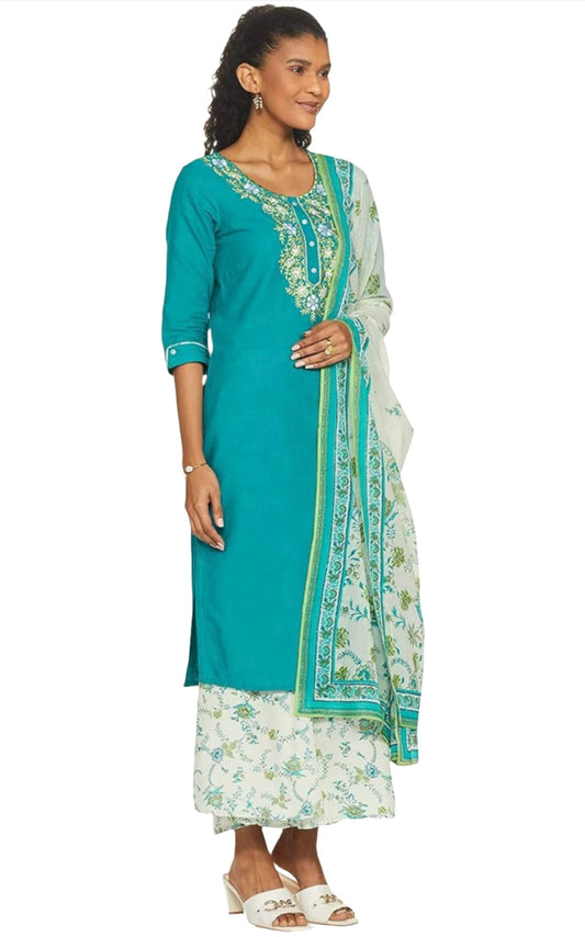 Cotton solid Round Neck kurta set embroidery and fabric detail - Neha Couture Indian Fashion