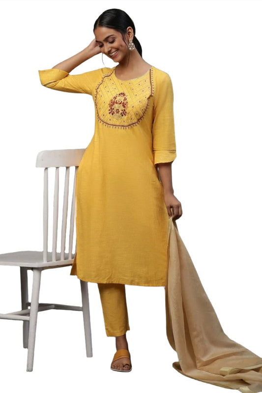 Yellow embroided kurta Palazzo Golden dupatta set in Poland embroidery and fabric detail - Neha Couture Indian Fashion