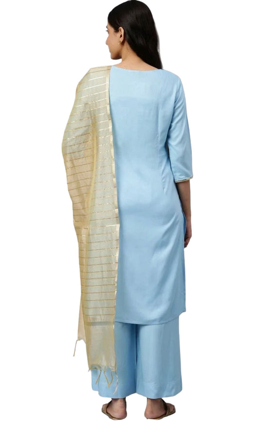 Blue embroided kurta Palazzo golden dupatta set embroidery and fabric detail - Neha Couture Indian Fashion