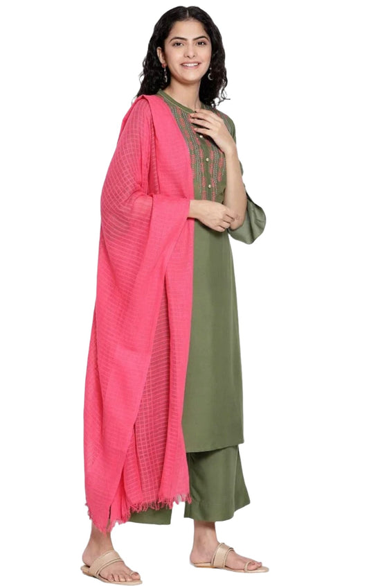 Green embroided Kurta trousers Pink Dupatta set embroidery and fabric detail - Neha Couture Indian Fashion