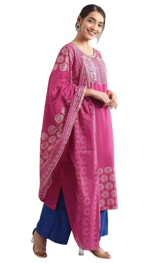Pink round neck kurta set in Poland embroidery and fabric detail - Neha Couture Indian Fashion