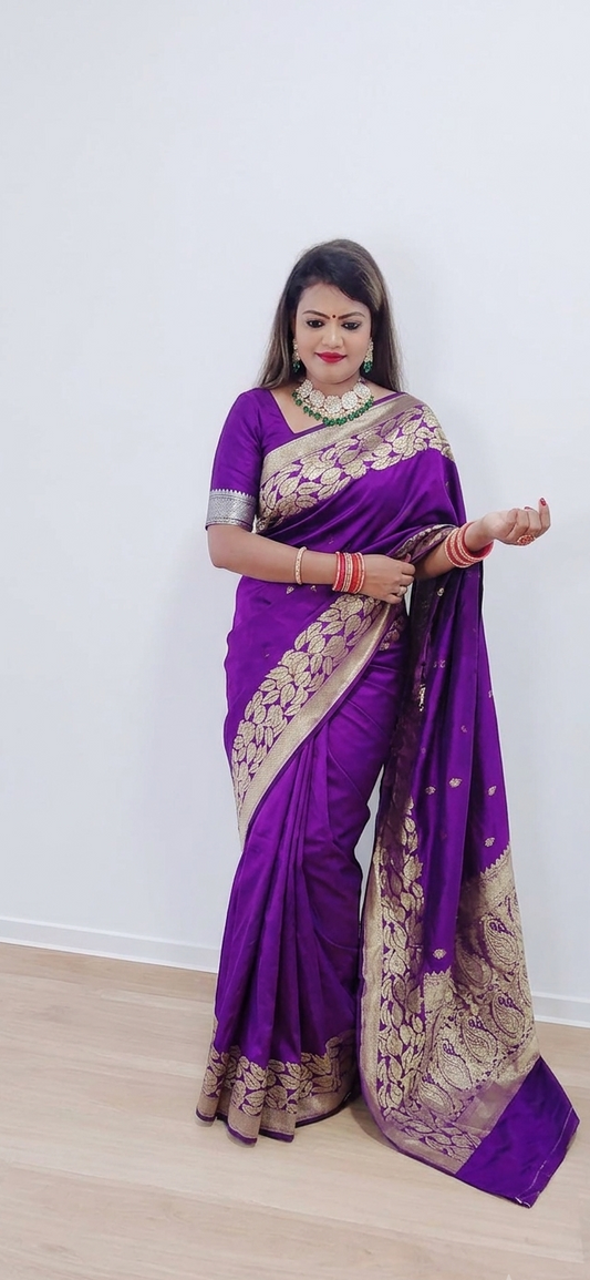 Royal Purple Banarasi Silk Saree with Traditional Zari Border in Germany