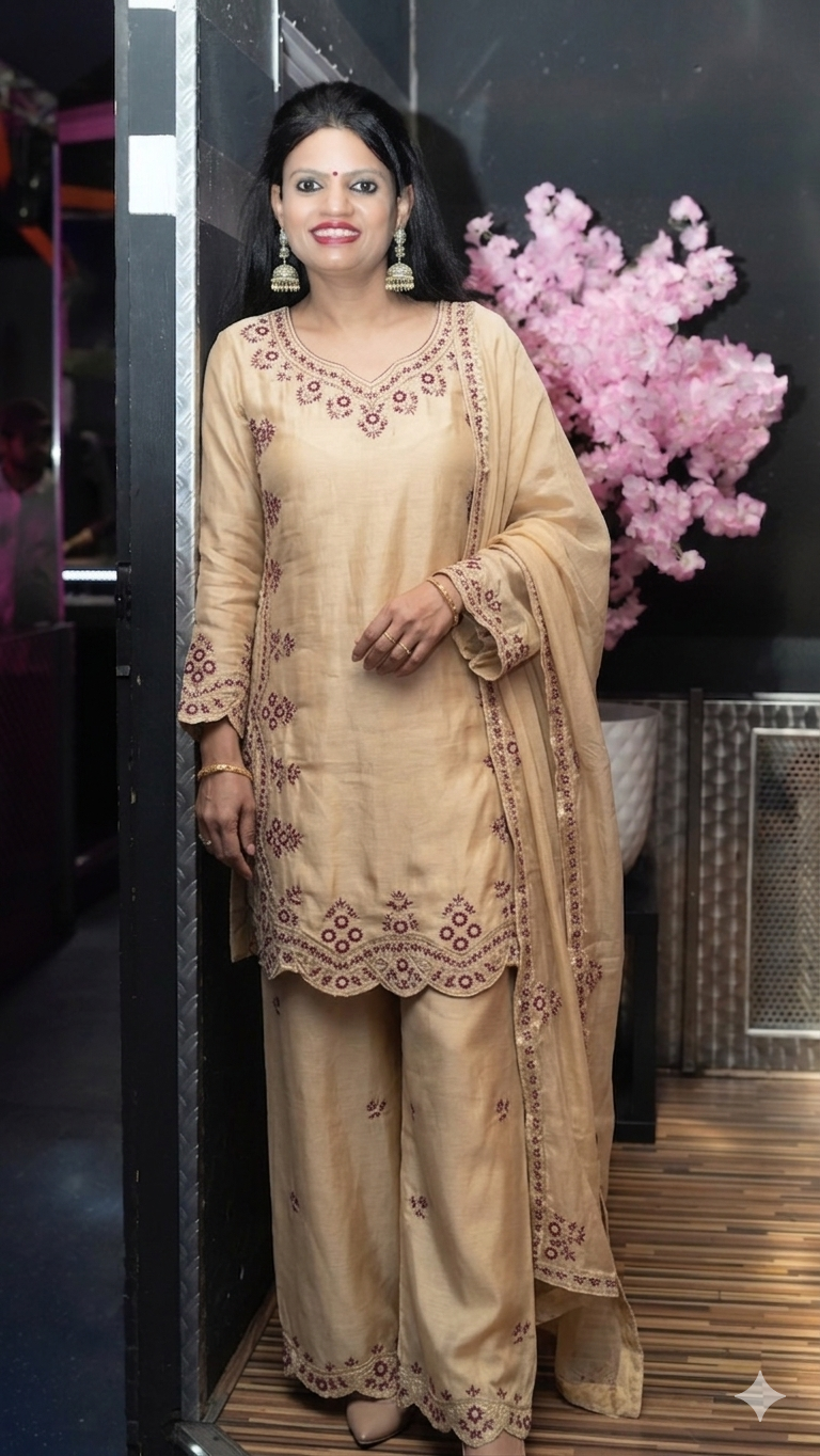 BIEGE HEAVY EMBROIDERY SEQUENCE WORK SUIT IN GERMANY