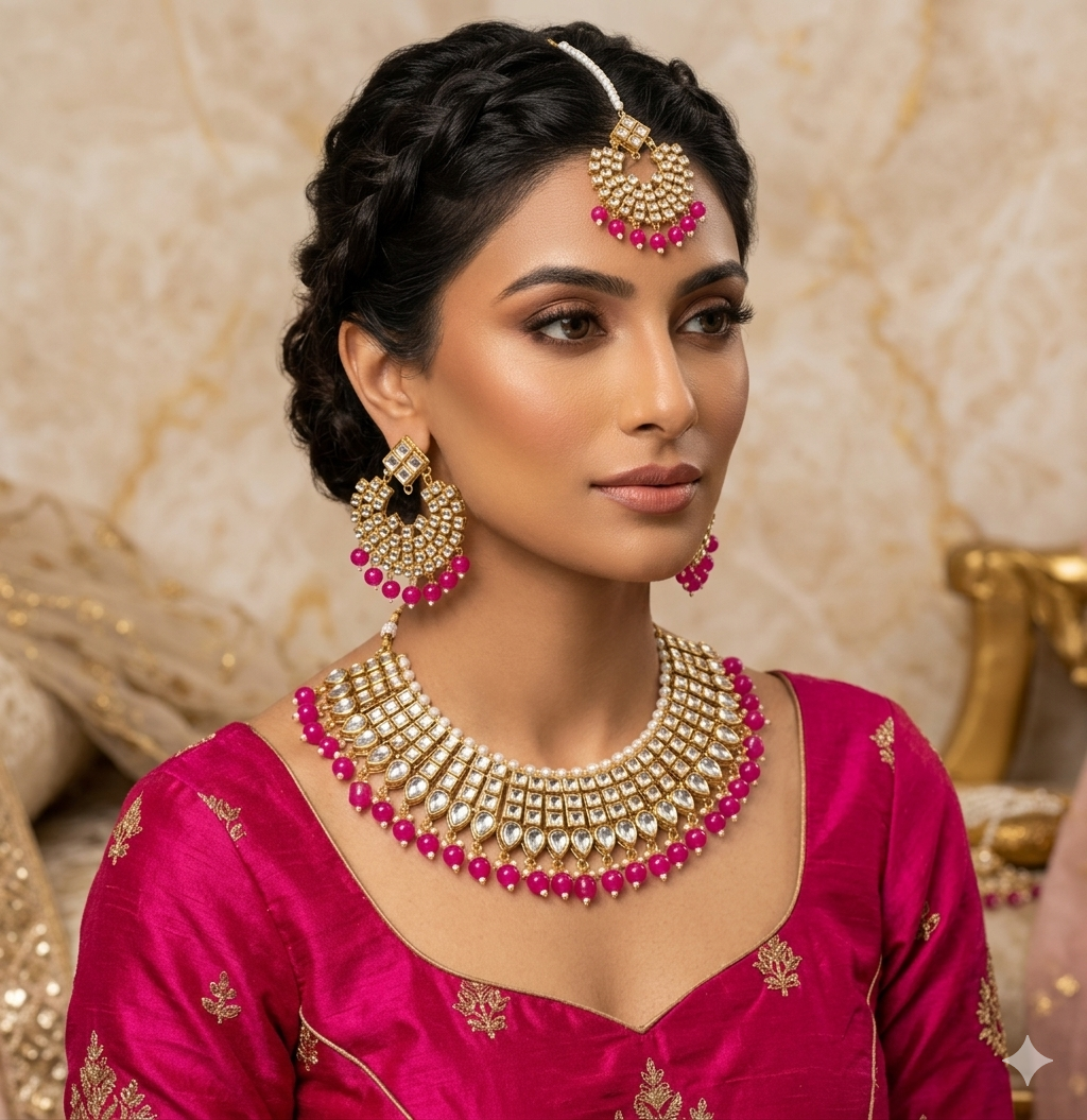 Gold Plated  Kundan Studded Choker Necklace Earrings & Maang Tikka Set