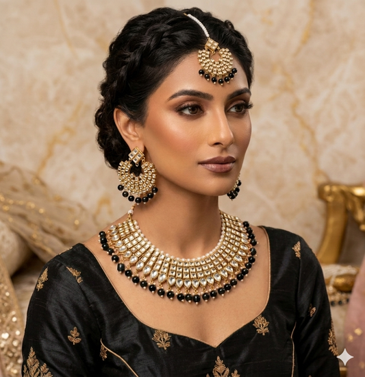 Gold Plated  Kundan Studded Choker Necklace Earrings & Maang Tikka Set (Copy)