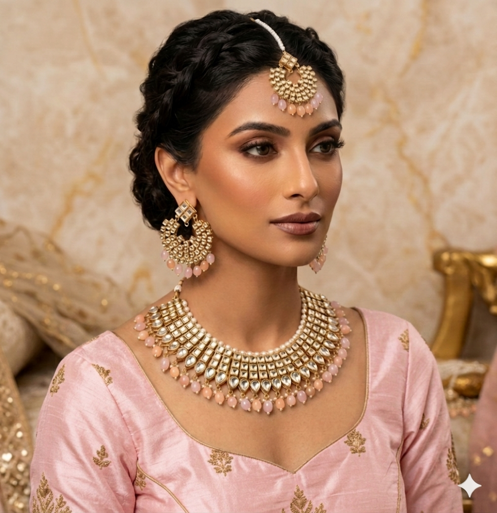 Gold Plated  Kundan Studded Choker Necklace Earrings & Maang Tikka Set (Copy 3)