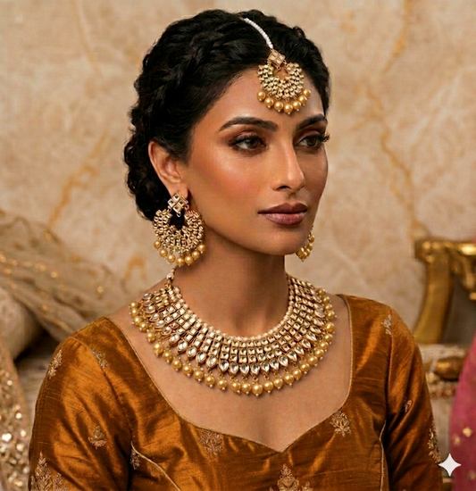 Gold Plated  Kundan Studded Choker Necklace Earrings & Maang Tikka Set