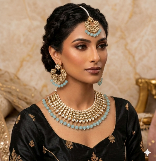 Gold Plated  Kundan Studded Choker Necklace Earrings & Maang Tikka Set
